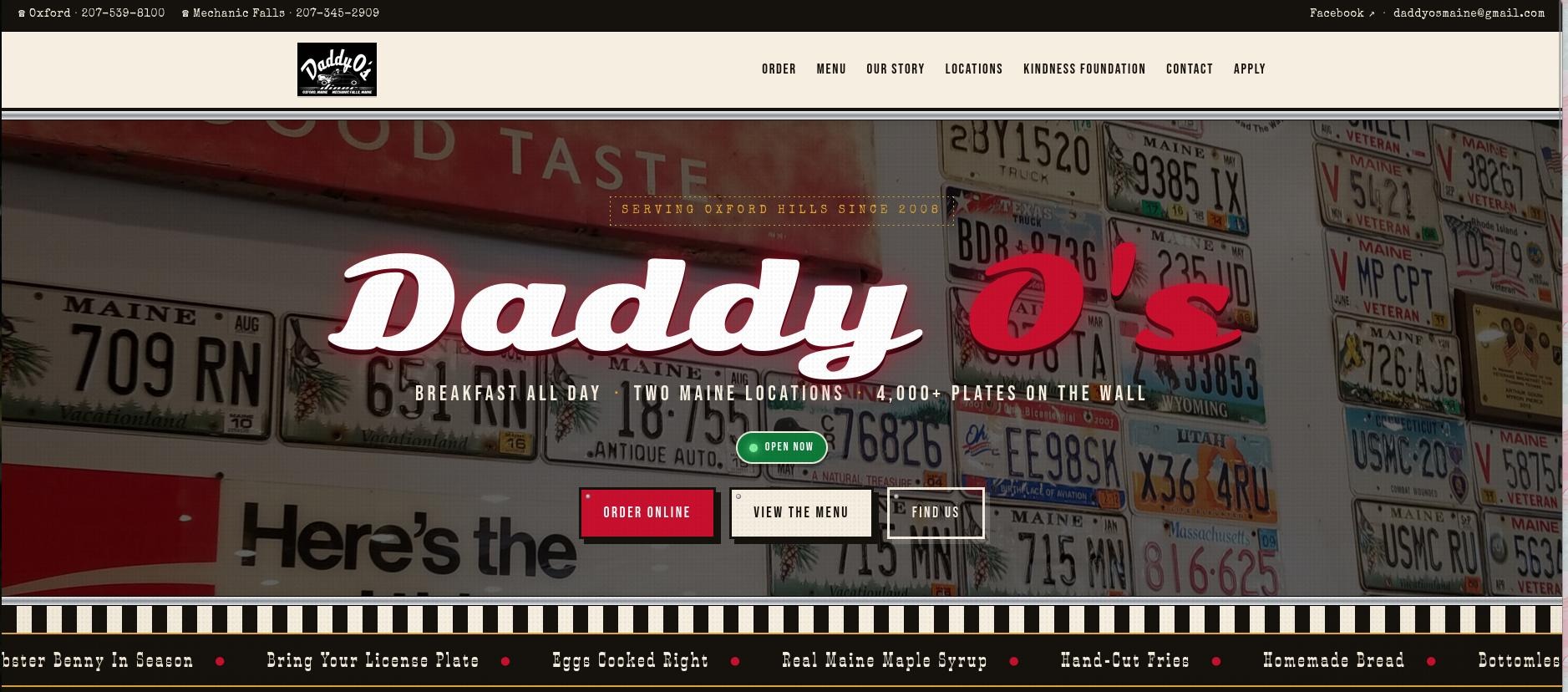 Daddy O's Diner website shown at full width